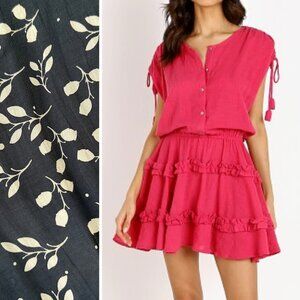 NWT La Confection ‘Avery’ Flirty Ruffled Dress in ‘Black Gum Nut’ Leaf Print